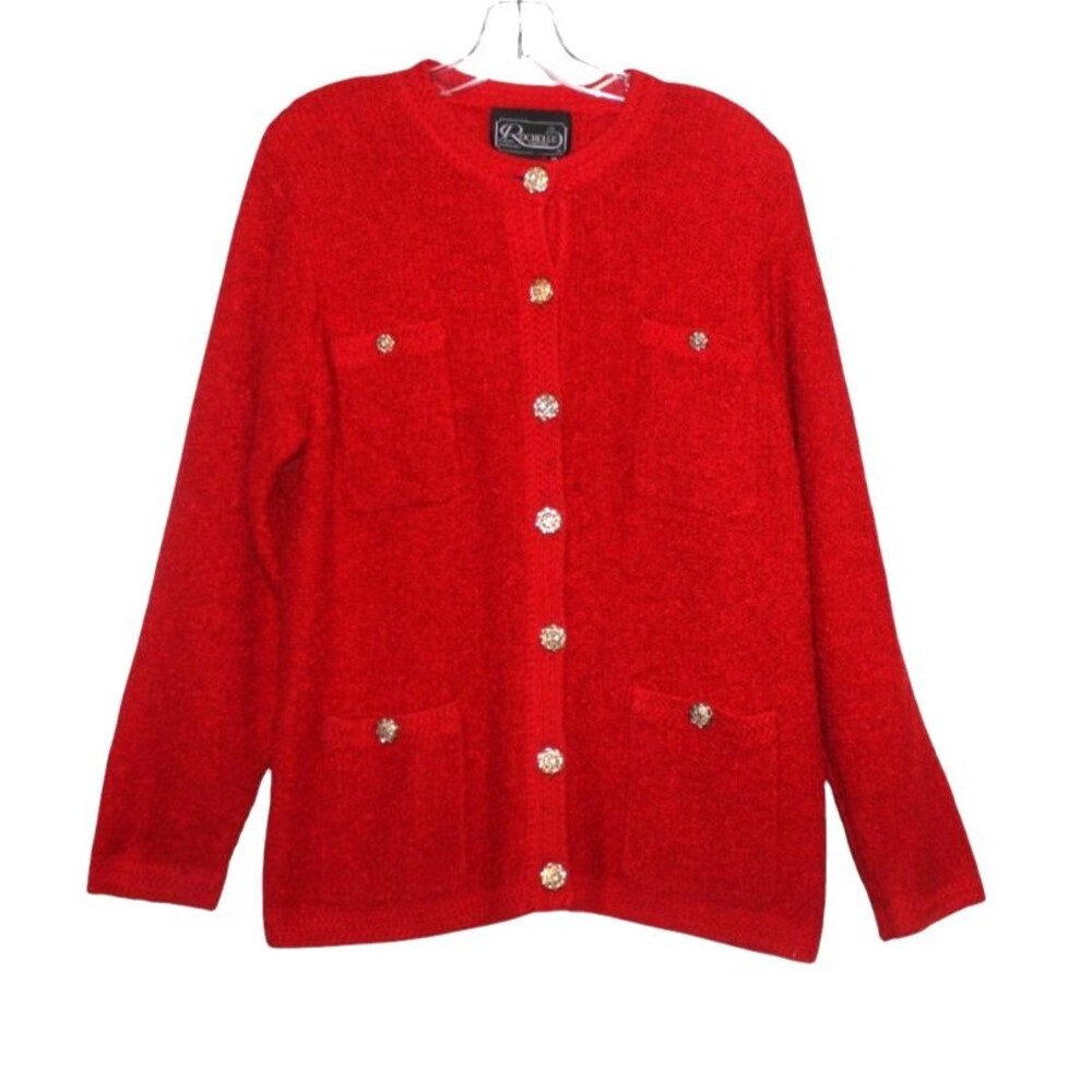 Vintage Rochelle Boucle Jacket Red w/ Gold Buttons Shoulder Pads Size M